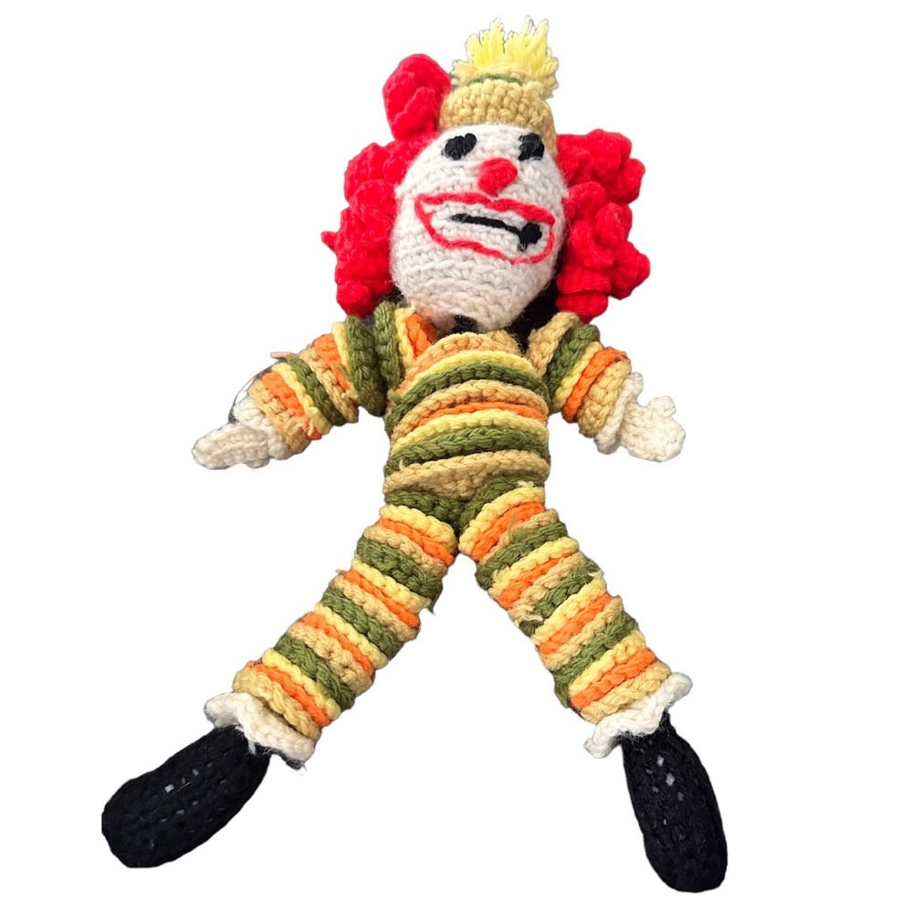 Vintage Handmade Crocheted yo yo Plush Yellow  white Red Clown Jester Doll 14”